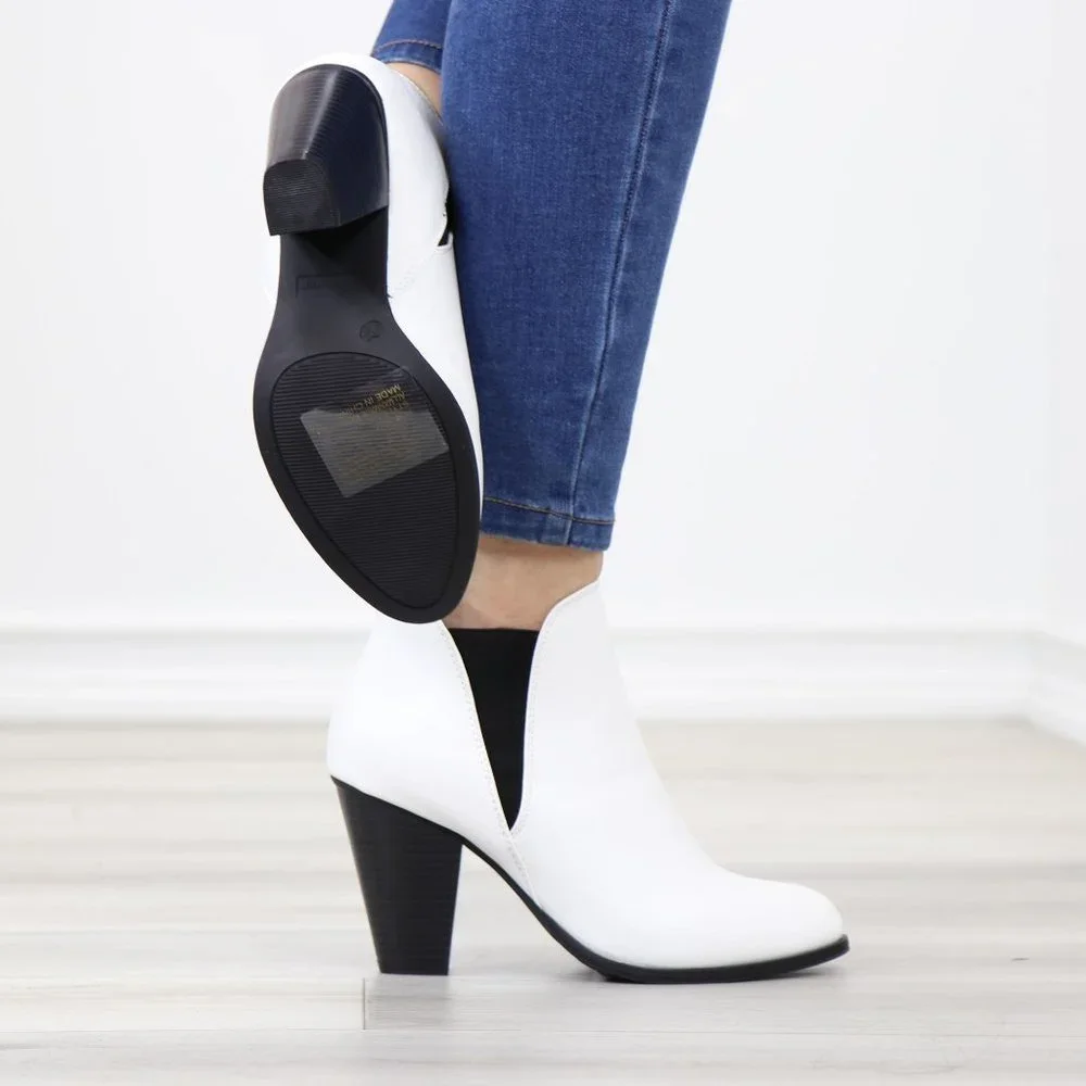 Chelsea Cone High Heel Ankle Boots White Synthetic Leather Pointed Toe - Picture 6 of 12